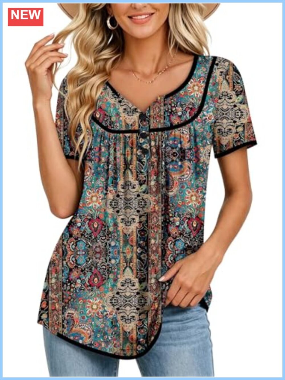 Womens Soft Stretch Tunic Top Short Sleeve Henley V-Neck Floral Blouse